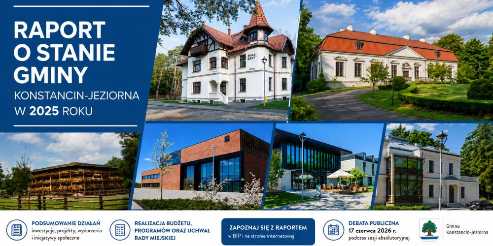 Grafika promująca „Raport o stanie gminy Konstancin-Jeziorna w 2025 roku” z kolażem zdjęć charakterystycznych budynków i miejsc gminy oraz informacjami o podsumowaniu działań samorządu i debacie publicznej.