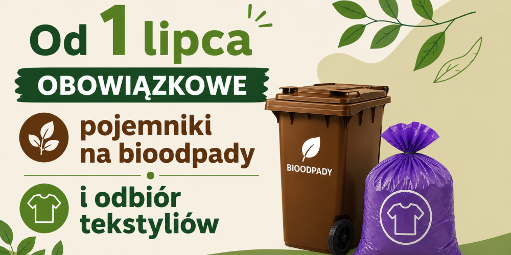 Grafika przedstawia pracowników firmy komunalnej opróżniających pojemnik na odpady do śmieciarki oraz informację o zmianach w regulaminie utrzymania czystości i porządku w gminie Konstancin-Jeziorna od 1 lipca 2026 r.