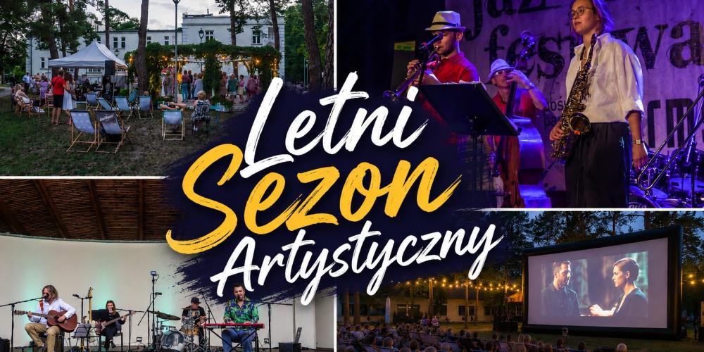 Mozaika przedstawia letnie wydarzenia kulturalne w Konstancinie-Jeziornie, w tym koncerty plenerowe, występy muzyczne oraz kino pod chmurką.
