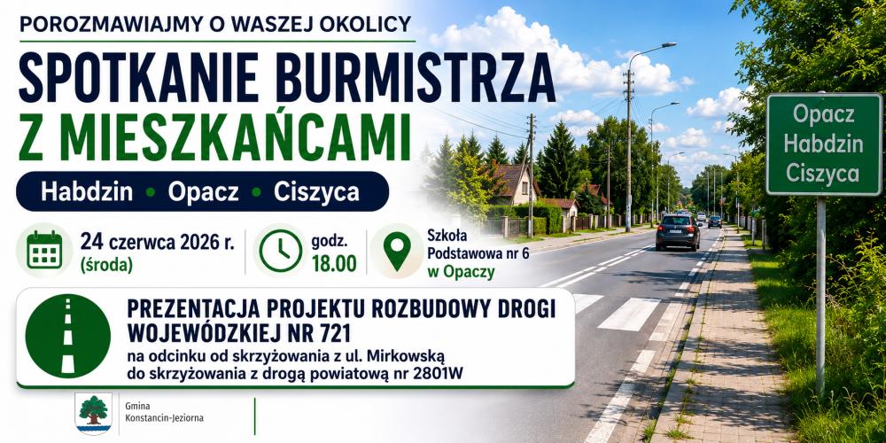 Plakat informujący o spotkaniu burmistrza z mieszkańcami Habdzina, Opaczy i Ciszycy, które odbędzie się 24 czerwca 2026 r. w Szkole Podstawowej nr 6 w Opaczy, połączonym z prezentacją projektu rozbudowy drogi wojewódzkiej nr 721.