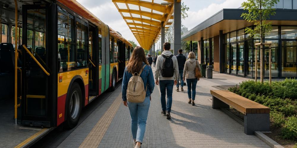 Wizualizacja nowoczesnego węzła przesiadkowego z autobusem, budynkiem poczekalni oraz pasażerami korzystającymi z infrastruktury transportu publicznego.