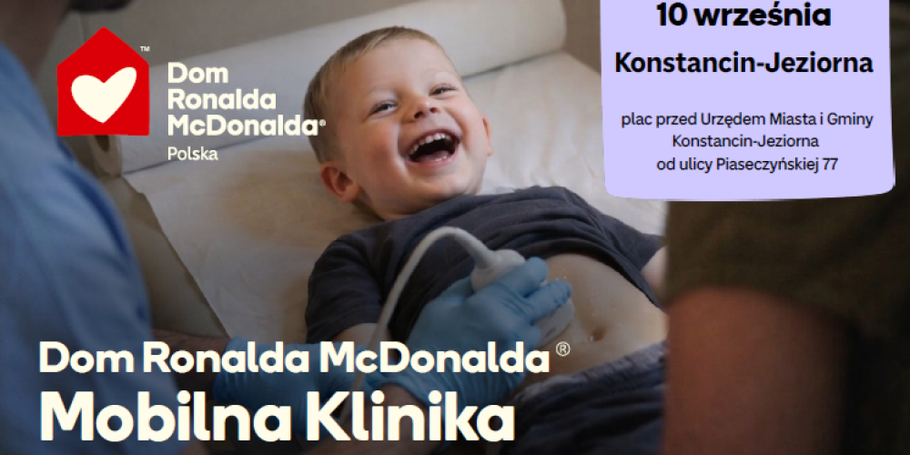 Grafika zapraszająca na bezpłatne profilaktyczne badania USG dzieci w wieku od 9 miesięcy do 6 lat. Badania odbędą się 10 września w Konstancinie-Jeziornie, na placu przed ratuszem przy ul. Piaseczyńskiej 77