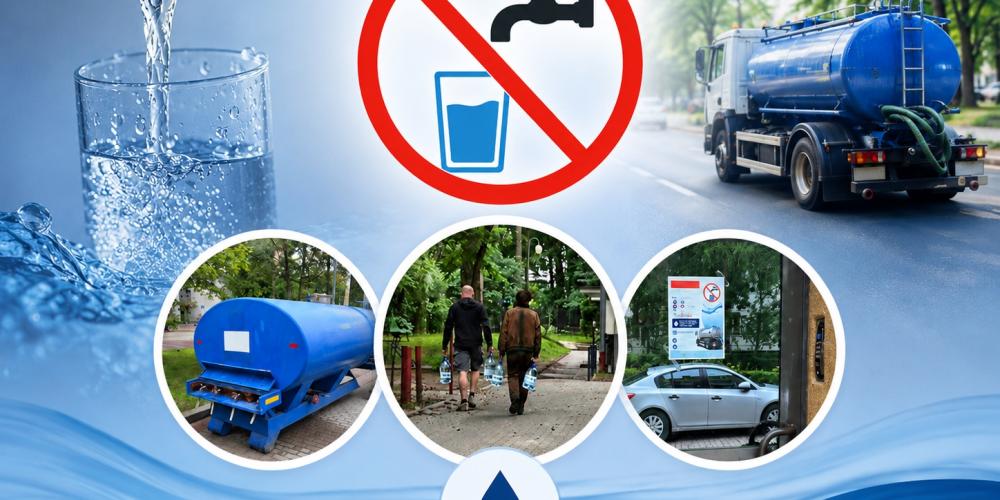 Grafika przedstawia symbol zakazu korzystania z wody z kranu oraz zdjęcia beczkowozu z wodą pitną, mieszkańców pobierających wodę i komunikatu informacyjnego.