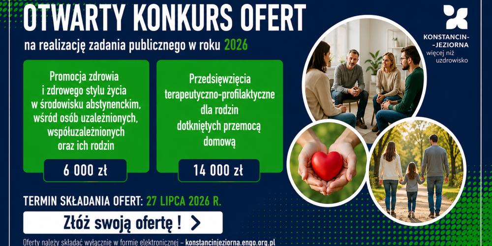 Grafika informująca o otwartym konkursie ofert na realizację zadania publicznego w Gminie Konstancin-Jeziorna w roku 2026