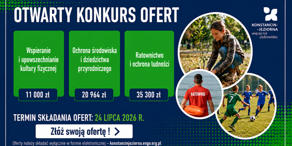 Grafika informująca o otwartym konkursie ofert na wsparcie realizacji zadań publicznych w Gminie Konstancin-Jeziorna w roku 2026