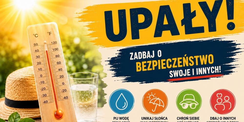 Grafika informująca o upałach z termometrem, szklanką wody oraz zasadami bezpiecznego zachowania podczas wysokich temperatur.