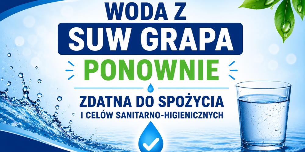 Grafika z niebieskim motywem wody i szklanką wody z komunikatem informującym, że woda z SUW Grapa ponownie jest zdatna do spożycia oraz do celów sanitarno-higienicznych.