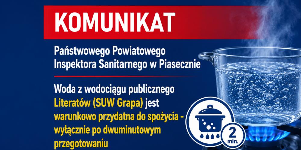 Grafika z komunikatem Państwowego Powiatowego Inspektora Sanitarnego w Piasecznie. Woda z wodociągu publicznego Literatów, zasilanego przez SUW Grapa, jest warunkowo przydatna do spożycia – można ją pić wyłącznie po co najmniej dwuminutowym przegotowaniu.