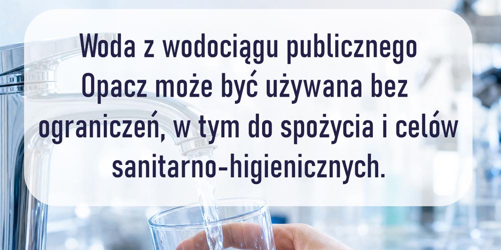Grafika z niebieskim motywem wody i szklanką wody z komunikatem informującym, że woda z SUW Grapa ponownie jest zdatna do spożycia oraz do celów sanitarno-higienicznych.