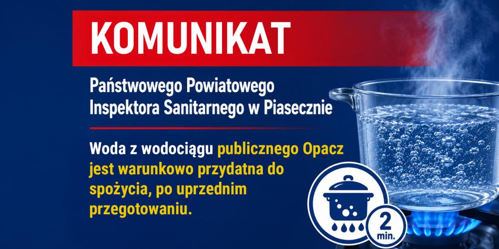 Grafika informująca o warunkowej przydatności do spożycia wody z wodociągu Opacz po dwuminutowym przegotowaniu.