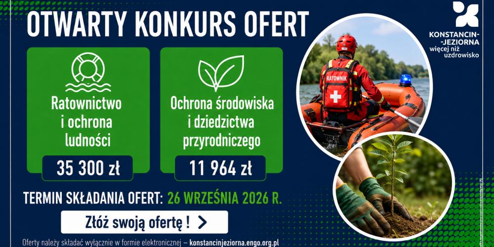Grafika informująca o otwartym konkursie ofert na zadania z zakresu ratownictwa i ochrony ludności oraz ochrony środowiska i dziedzictwa przyrodniczego, z pulami 35 300 zł i 11 964 zł oraz terminem składania ofert do 26 września 2026 r.