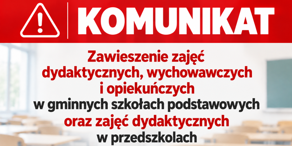 Grafika informująca o zwieszeniu zajęć w szkołach i przedszkolach 