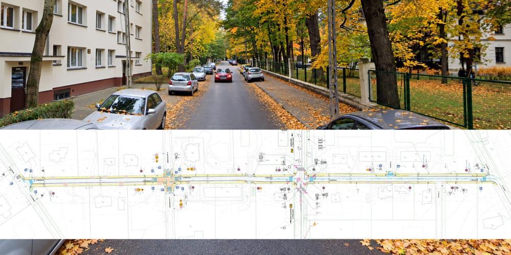 Fotografia ul. Adama Mickiewicza w jesiennej scenerii oraz poniżej plan zagospodarowania terenu przedstawiający projektowane zmiany w układzie drogowym.