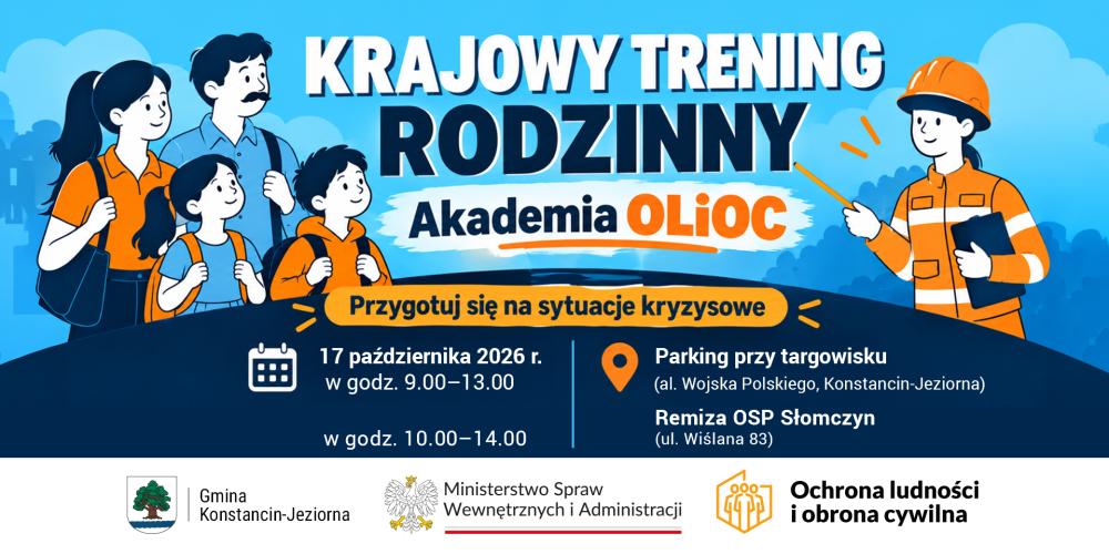Grafika promująca Krajowy Trening Rodzinny w ramach Akademii Ochrony Ludności i Obrony Cywilnej, przedstawiająca rodzinę i instruktora oraz informacje o wydarzeniu 17 października 2026 r. w godz. 9.00–13.00 na parkingu przy targowisku przy al. Wojska Polskiego w Konstancinie-Jeziornie.