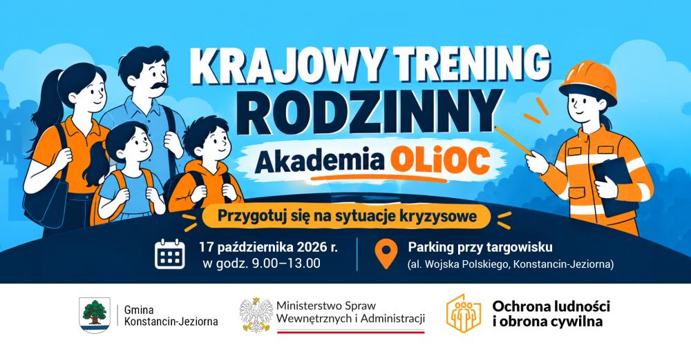 Grafika promująca Krajowy Trening Rodzinny w ramach Akademii Ochrony Ludności i Obrony Cywilnej, przedstawiająca rodzinę i instruktora oraz informacje o wydarzeniu 17 października 2026 r. w godz. 9.00–13.00 na parkingu przy targowisku przy al. Wojska Polskiego w Konstancinie-Jeziornie.