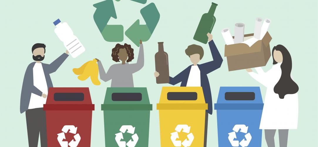 Grafika wektorowa, postacie wrzucające odpady do koszy na śmieci