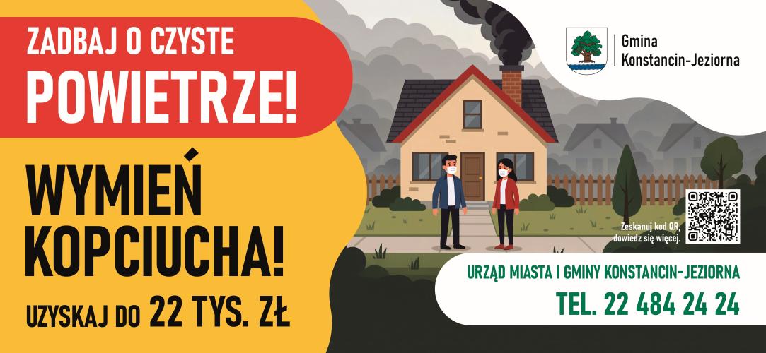 Grafika promująca wymianę starych pieców węglowych w ramach gminnego programu dofinansowania do 22 tys. zł, z ilustracją domu z dymiącym kominem, danymi kontaktowymi urzędu oraz kodem QR.