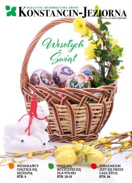 okładka wydania: koszyczek wielkaniocny z kolorowymi pisankami przystrojony wiosennymi kwiatami, obok leżący baranek z czerwoną chorągiewką 