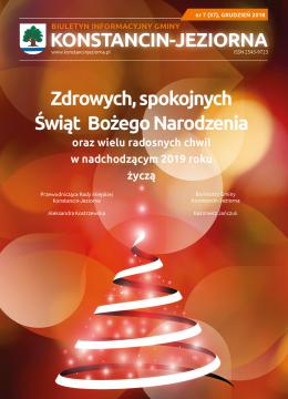 Plakat. Na pomarańczowo-żółtym tle na górze białe napisy z życzeniami z okazji Świąt Bożego Narodzenia i Nowego Roku. Niżej podpisani są Burmistrz Gminy Konstancin-Jeziorna i Przewodnicząca Rady Miejskiej Konstancin-Jeziorna. Pod spodem jest biało-czerwona wstążka ułożona w kształcie choinki.