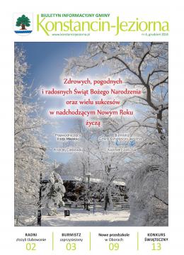 Okładka Biuletynu Informacyjnego Gminy Konstancin-Jeziorna. Zdjęcie: Park Zdrojowy. Zimowy dzień. Na alei leży śnieg, drzewa pokryte są śniegiem. W tle jest tężnia solankowa, ogrodzona niskim drewnianym płotem. Na górze są czerwone napisy z życzeniami z okazji Świąt Bożego Narodzenia. Niżej podpisani są Przewodniczący Rady Miejskiej i Burmistrz Gminy Konstancin-Jeziorna.