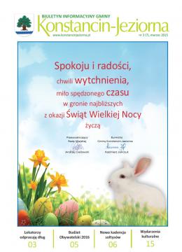 Okładka Biuletynu Informacyjnego Gminy Konstancin-Jeziorna. Plakat: Na błękitnym tle na górze są czerwone napisy z życzeniami z okazji Świąt Wielkanocnych. Niżej podpisani są Burmistrz Gminy Konstancin-Jeziorna i Przewodniczący Rady Miejskiej. Pod spodem na trawie leży siedem jajek wielkanocnych oraz są trzy żółte kwiaty. Obok na trawie siedzi mały biały królik.