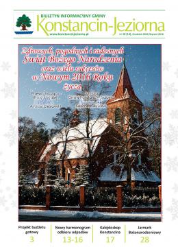 Kościół z czerwonej cegły, dach pokryty jest śniegiem. Dookoła jest metalowe ogrodzenie ze słupami z czerwonej cegły. Zdjęcie robione w zimowy dzień. Na górze zdjęcia są czerwone napisy z życzeniami z okazji świąt Bożego Narodzenia i Nowego Roku. Niżej podpisani są Przewodniczący Rady Miejskiej i Burmistrz gminy Konstancin-Jeziorna.