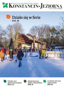 Okładka czasopisma „Biuletyn Informacyjny Gminy Konstancin-Jeziorna”. W centralnej części zdjęcie z ośnieżonego parku – w tle amfiteatr i lodowisko oraz tekst: Działo się w ferie – str. 28. Poniżej w rzędzie teksty: Trudny, ale bezpieczny budżet – str. 4–5; Rekrutacja do szkół i przedszkoli – str. 14; W gminie jest nas coraz mniej – str. 25.