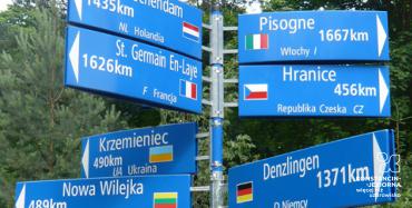 Słuek z tablicami kierunkowymi podajacymi nazwy miast parterskich wraz z odległościąz Konstancina-Jeziorny, oraz nazwą karju i flagą