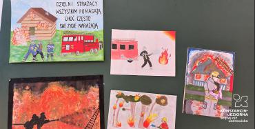 Kolaż kilki rysunków dzieci na temat pracy strażaków