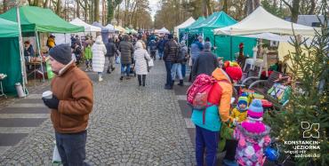 Tłum mieszkańców i gości spacerujących między kolorowymi stoiskami z rękodziełem, ozdobami i smakołykami na głównej alei parku.
