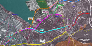 Mapa przedstawia plan przebiegu różnych tras drogowych (W1, W2A, W2B, W3) oraz obecny przebieg DW721, z zaznaczeniem różnych obszarów i dróg w kolorowych liniach.