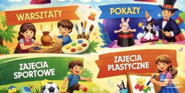 Ilustrowany plakat półkolonii „Lato w mieście” prezentujący warsztaty, zajęcia sportowe, pokazy oraz wycieczki dla dzieci.