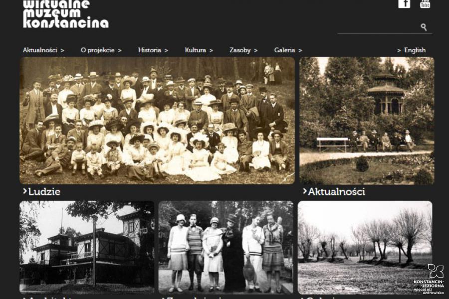 Zrzut ekranu głównej strony internetowej Wirtualnego Muzeum Konstancina. Obraz składa się z 3 czarnobiałych fotografii oraz 2 w kolorze sepii, nad nimi w lewym rogu znajduje się napis wirtualne muzeum Konstancina