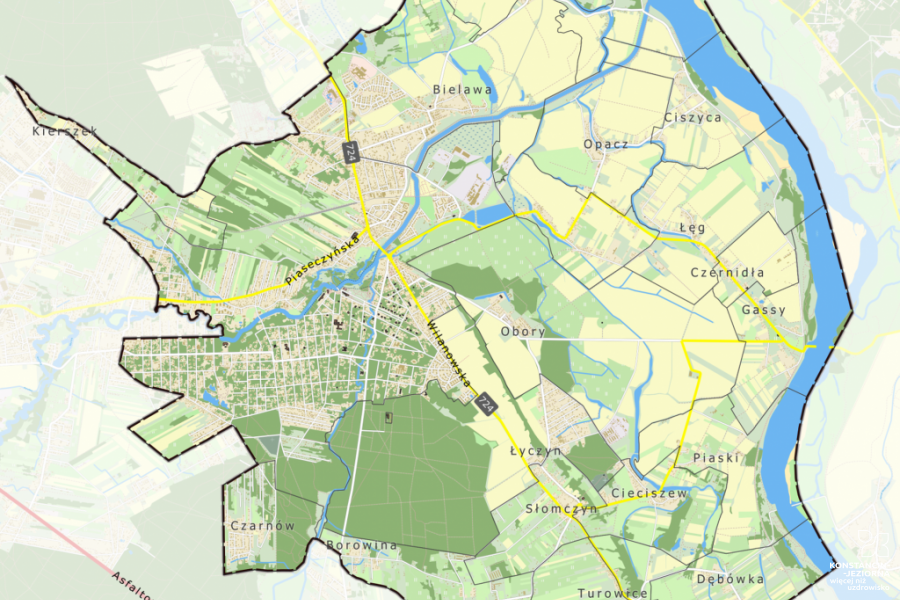 Mapa gminy Konstancin-Jeziorna z zaznaczonymi granicami sołectw