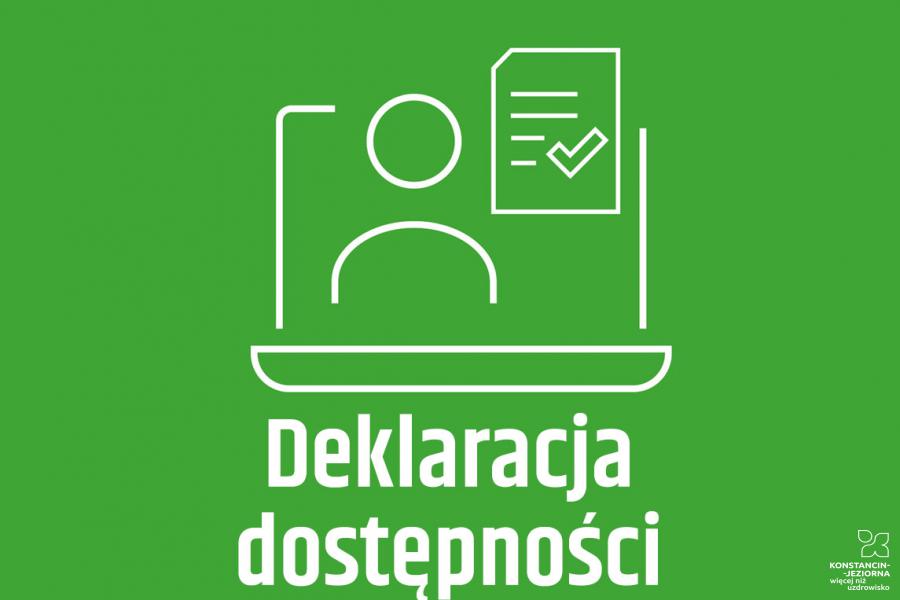 Grafika wektorowa: na zielonym tle biały symbol komputera, formularza i postaci oraz tekst – deklaracja dostępności.