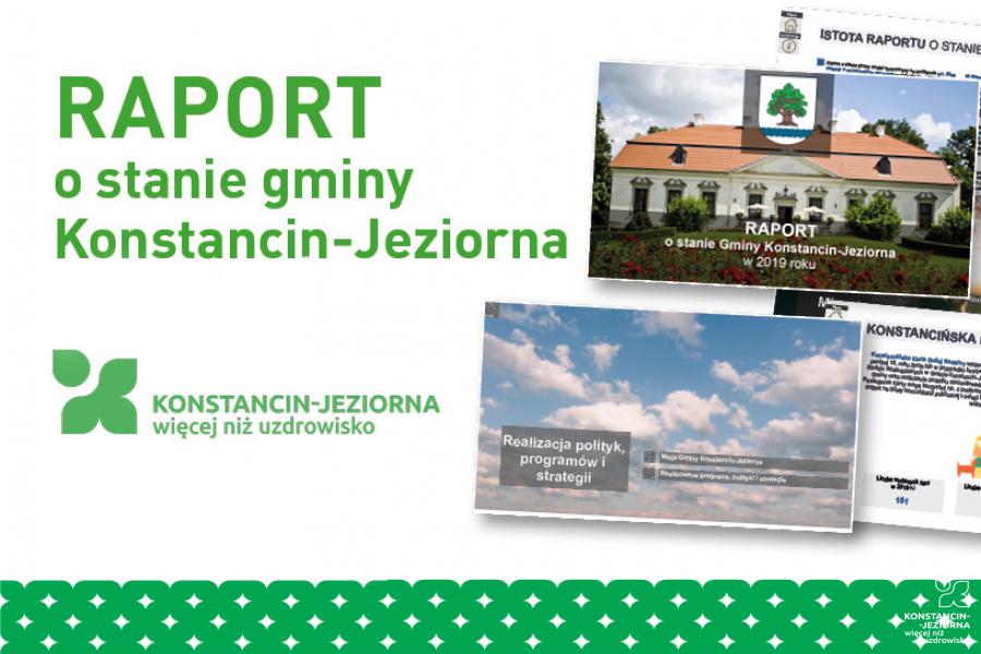Na dole zielony ornament, nad nim pięć slajdów i tekst Raport o stanie gminy Konstancin-Jeziorna, pod nim logo przedstawiające kroplę i tekst Konstancin-Jeziorna – więcej niż uzdrowisko.
