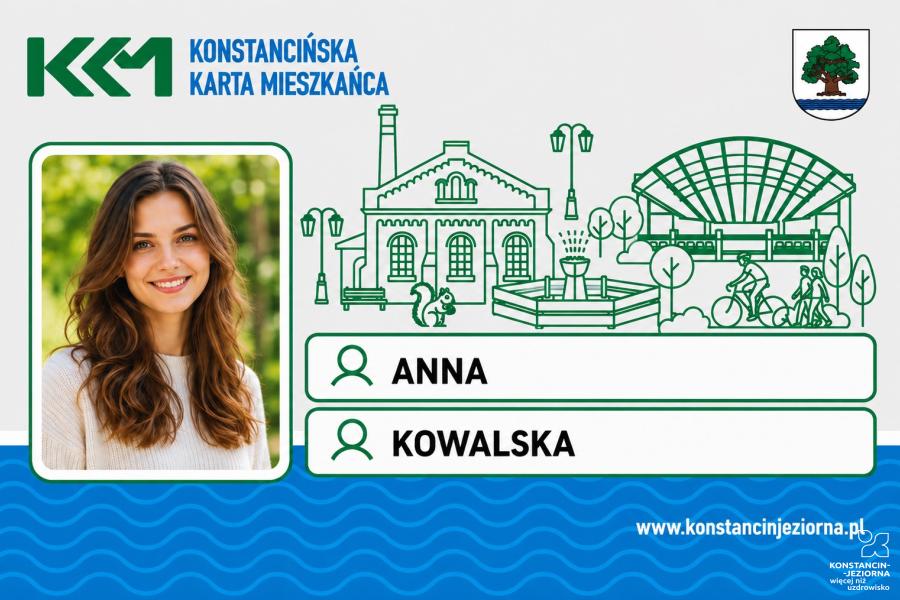 Projekt karty z przykładowym zdjęciem mieszkanki oraz imieniem i nazwiskiem, na tle ilustracji charakterystycznych miejsc Konstancina-Jeziorny.