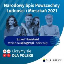 Plakat Narodowego Spisu Powszechnego - cztery osoby w różnym wieku, u góry napis z nazwą Narodowy Spis Powszechny Ludności i Mieszkań 2021