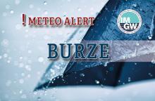 Na górze czerwony napis meteo alert poprzedzony wykrzyknikiem. Obok niego logo Instytutu Meteorologii i Gospodarki Wodnej - niebieski okrąg z białymi literami IMGW, poniżej niebieski napis burze. W tle fragment granatowego parasola oraz krople deszczu.