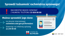 Na grafice jest napis: Sprawdź tożsamość rachmistrza spisowego! Rachmistrz będzie dzwonić z numeru telefonu 22 828 88 88. Możesz sprawdzić jego dane: na stronie internetowej rachmistrz.stat.gov.pl/formularz, dzwoniąc na infolinię spisową 22 279 99 99. Po prawej stronie grafiki widać obrazek identyfikatora. Na dole grafiki są cztery małe koła ze znakami dodawania, odejmowania, mnożenia i dzielenia, obok nich napis: Liczymy się dla Polski! W prawym dolnym rogu jest logotyp spisu: dwa nachodzące na siebie pion