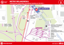 fragment mapy z liniami metra. Na górze biały napis na czerwonym tle: Metro Wilanowska rozmieszczenie przystanków miejskich od 4.05.2020 r. Na dole czerwony pasek a na nim biały napis z prawej www.wtp.waw.pl, z prawej strony 19115 