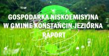 Zarys globu na tle seledynowego trawnika. Na nim biały napis gospodarka niskoemisyjna w gminie Konstancin-Jeziorna RAPORT. Wokół niego różnorodne eco ikonki. 