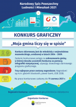 Zachowany w niebieskich barwach plakat promujący konkurs. Na górze biały napis Narodowy Spis Powszechny Ludności i Mieszkań 2021, poniżej kolorowe ikonki statystyczne, kolejno napis KONKURS GRAFICZNY, a pod nim „Moja gmina liczy się w spisie”. Pełna treść informacji zawartych na plakacie zawarta jest w artykule.