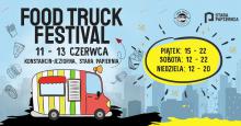 Grafika wektorowa utrzymana w niebiesko-żółtych kolorach. Z prawej strony – tekst: „Food truck festiwal, 11–13 czerwca, Konstancin-Jeziorna, Stara Papiernia” oraz kolorowy samochód. Z lewej – tekst wpisany w okrąg w kształcie słońca: „piątek 15–22, sobota 12–22, niedziela 12–20”.