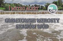 Na górze czerwony napis meteo alert poprzedzony wykrzyknikiem. Obok niego logo Instytutu Meteorologii i Gospodarki Wodnej – niebieski okrąg z białymi literami IMGW, poniżej niebieski napis: gwałtowne wzrosty stanów wód. W tle rwąca rzeka. 