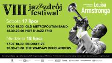  Plakat promujący Jazz Zdrój Festiwal. Zielone tło, w prawym rogu czarno-białe zdjęcie Louisa Armstronga, który gra na trąbce. Po lewej stronie grafiki szczegółowy program festiwalu, którego treść powielona jest w artykule. 