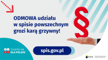 Na górze napis: Odmowa udziału w spisie powszechnym grozi karą grzywny! Obok widać dłoń skierowaną do góry i nad nią znak paragrafu. Na dole grafiki są cztery małe koła ze znakami dodawania, odejmowania, mnożenia i dzielenia, obok nich napis: Liczymy się dla Polski! Po środku jest adres strony internetowej: spis.gov.pl. 