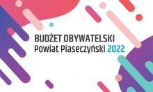 Grafika wektorowa utrzymana w różowo-fioletowych barwach. Na środku tekst: Budżet Obywatelski Powiatu Piaseczyńskiego 2022.