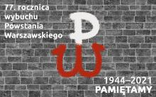 Grafika wektorowa – na szarym murze biało-czerwony znak Polski Walczącej. W górnym lewym rogu tekst: 77. Rocznica Powstania Warszawskiego, w dolnym prawym rogu tekst: 1944–2021 Pamiętamy.