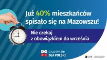 Grafika wektorowa. W jej centralnym miejscu napis: Już 40% mieszkańców spisało się na Mazowszu. Po lewej stronie – dłoń trzymająca budzik. Na wysokości budzika napis: Nie czekaj z obowiązkiem do września. Na dole grafiki są cztery małe koła ze znakami dodawania, odejmowania, mnożenia i dzielenia, obok nich napis: Liczymy się dla Polski.